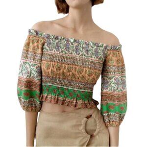 ❤️ ZARA Linen Blend Smocked Off The Shoulder Ruffle Top sz Medium